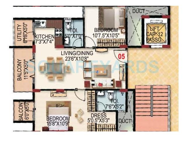 Floor plan of 2 BHK Apartment - 1098 sq. ft. in SLS Sapphire, Bangalore