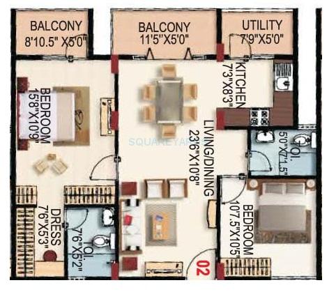 Floor plan of 2 BHK Apartment - 1175 sq. ft. in SLS Sapphire, Bangalore