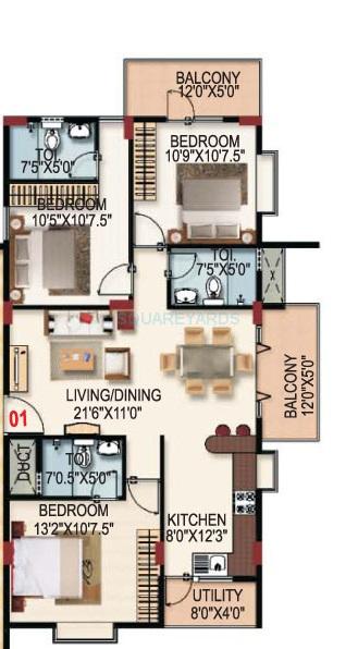 Floor plan of 3 BHK Apartment - 1364 sq. ft. in SLS Sapphire, Bangalore