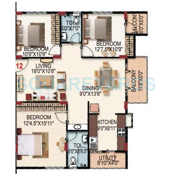 Floor plan of 3 BHK Apartment - 1484 sq. ft. in SLS Sapphire, Bangalore