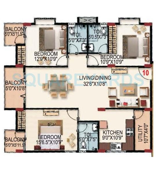 Floor plan of 3 BHK Apartment - 1586 sq. ft. in SLS Sapphire, Bangalore