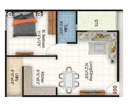Floor plan of 1 BHK 745 Sq. Ft. Apartment in SLS Spring Woods, Bangalore
