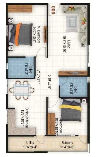 Floor plan of 2 BHK 1221 Sq. Ft. Apartment in SLS Spring Woods, Bangalore
