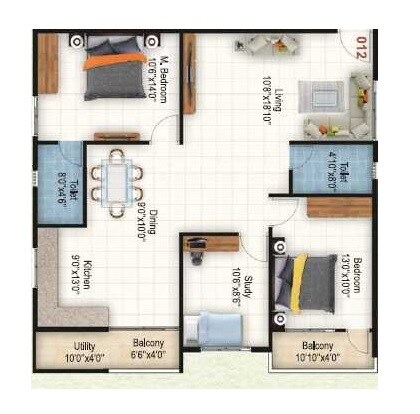 Floor plan of 2 BHK 1408 Sq. Ft. Apartment in SLS Spring Woods, Bangalore