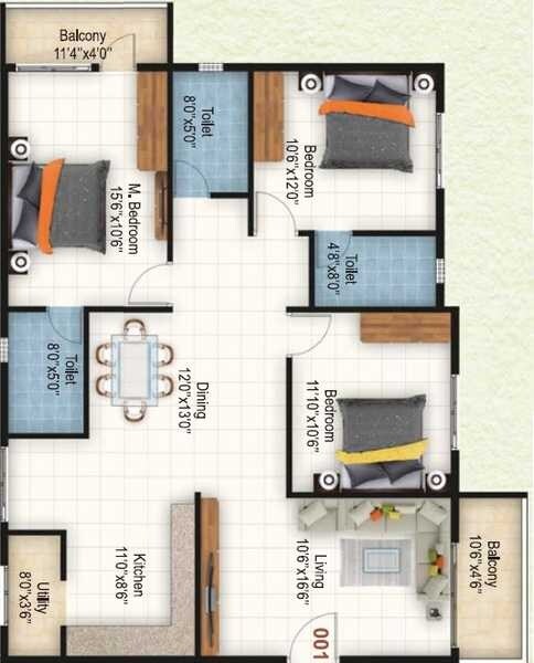 Floor plan of 3 BHK 1371 Sq. Ft. Apartment in SLS Spring Woods, Bangalore