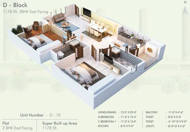 Floor plan of 2 BHK 1178 Sq. Ft. Apartment in SLV Castlemine, Bangalore