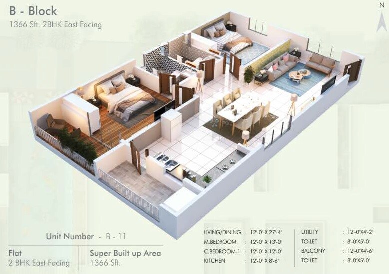 Floor plan of 2 BHK 1366 Sq. Ft. Apartment in SLV Castlemine, Bangalore