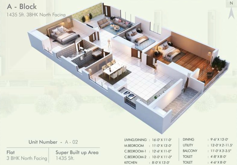 Floor plan of 3 BHK 1435 Sq. Ft. Apartment in SLV Castlemine, Bangalore