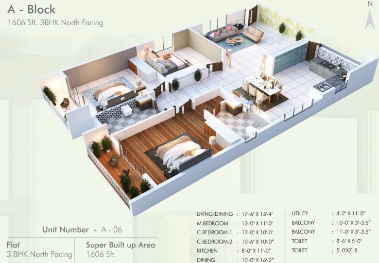 Floor plan of 3 BHK 1606 Sq. Ft. Apartment in SLV Castlemine, Bangalore