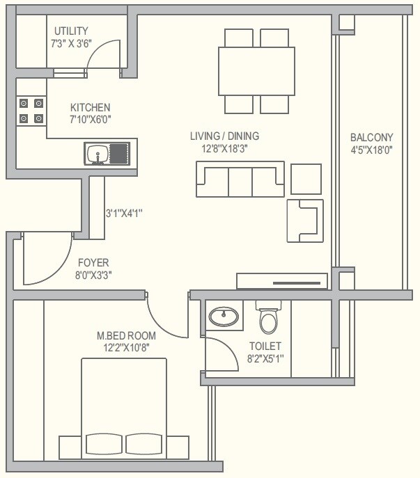 Floor plan of 1 BHK 755 Sq. Ft. Apartment in SLV Central Park, Bangalore