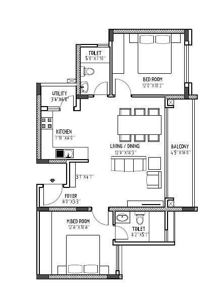 Floor plan of 2 BHK 1100 Sq. Ft. Apartment in SLV Central Park, Bangalore