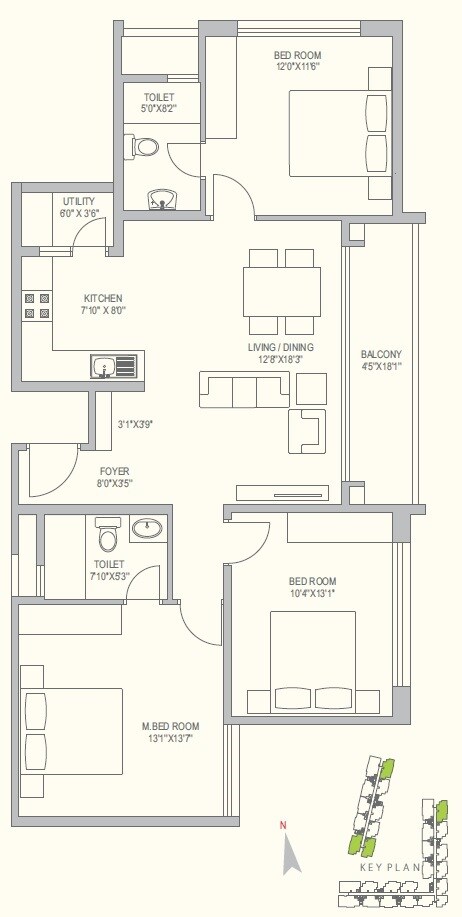 Floor plan of 3 BHK 1384 Sq. Ft. Apartment in SLV Central Park, Bangalore
