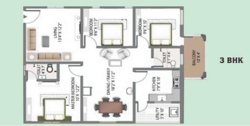 Floor plan of 2 BHK 1095 Sq. Ft. Apartment in SLV Commanders Green City, Bangalore