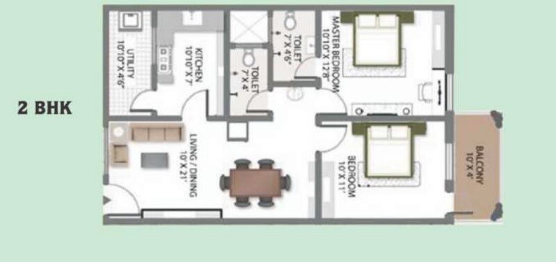 Floor plan of 2 BHK 951 Sq. Ft. Apartment in SLV Commanders Green City, Bangalore