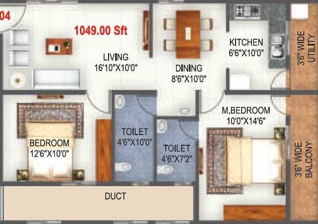 Floor plan of 2 BHK 1049 Sq. Ft. Apartment in SLV Defence Lavender, Bangalore
