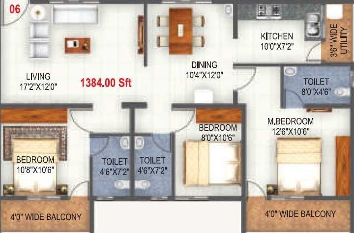 Floor plan of 3 BHK 1437 Sq. Ft. Apartment in SLV Defence Lavender, Bangalore