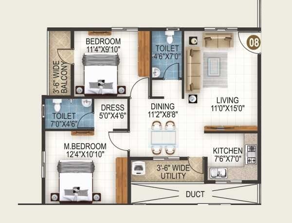 Floor plan of 2 BHK 1095 Sq. Ft. Apartment in SLV Diamond, Bangalore