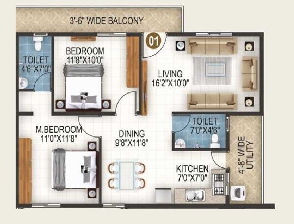 Floor plan of 2 BHK 954 Sq. Ft. Apartment in SLV Diamond, Bangalore