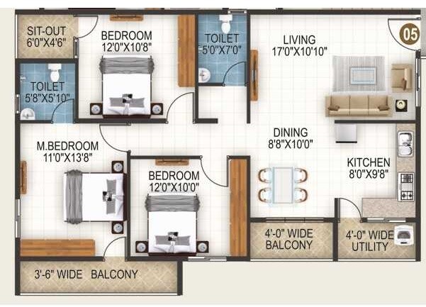 Floor plan of 3 BHK 1414 Sq. Ft. Apartment in SLV Diamond, Bangalore