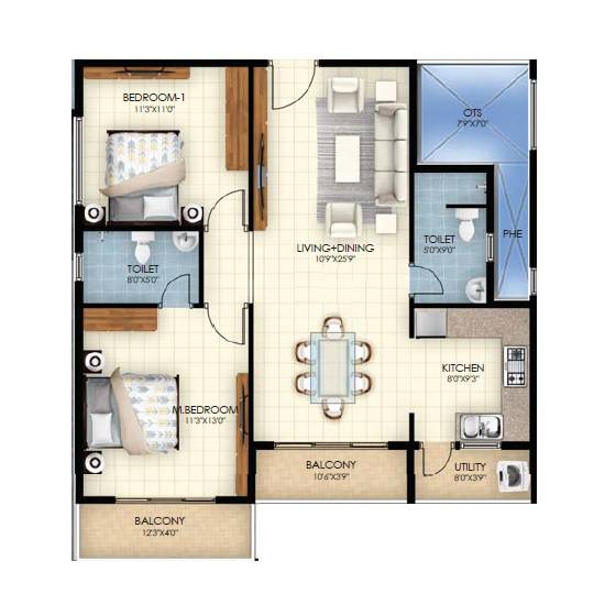 2 BHK 1100 Sq. Ft. Apartment