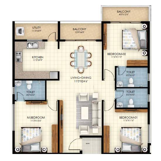 3 BHK 1300 Sq. Ft. Apartment