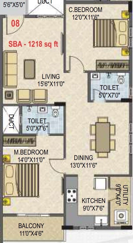 Floor plan of 2 BHK 1218 Sq. Ft. Apartment in SLV Essenza, Bangalore