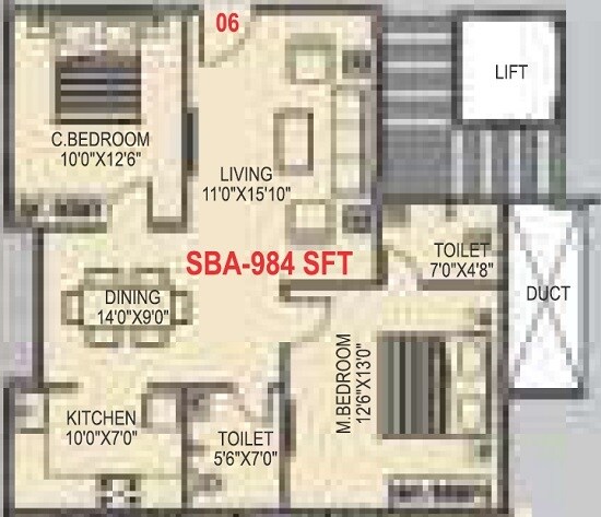 Floor plan of 2 BHK 984 Sq. Ft. Apartment in SLV Essenza, Bangalore