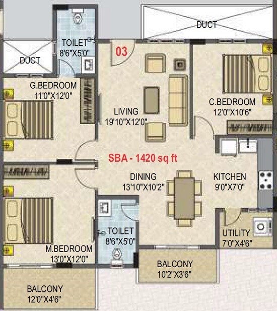 Floor plan of 3 BHK 1420 Sq. Ft. Apartment in SLV Essenza, Bangalore
