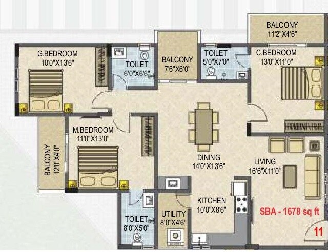 Floor plan of 3 BHK 1678 Sq. Ft. Apartment in SLV Essenza, Bangalore