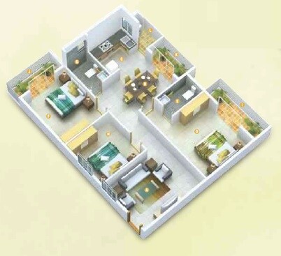 Floor plan of 3 BHK 1128 Sq. Ft. Apartment in SLV Fedora, Bangalore