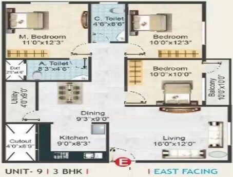 Floor plan of 3 BHK 1470 Sq. Ft. Apartment in SLV Golden Nest, Bangalore