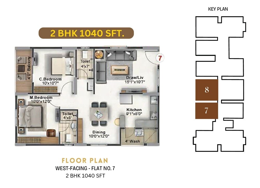 Floor plan of 2 BHK 1040 Sq. Ft. Apartment in SLV Golden Towers, Bangalore