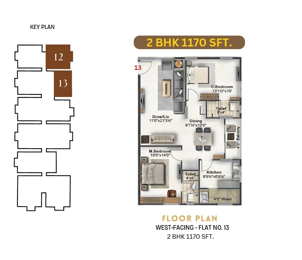 Floor plan of 2 BHK 1170 Sq. Ft. Apartment in SLV Golden Towers, Bangalore