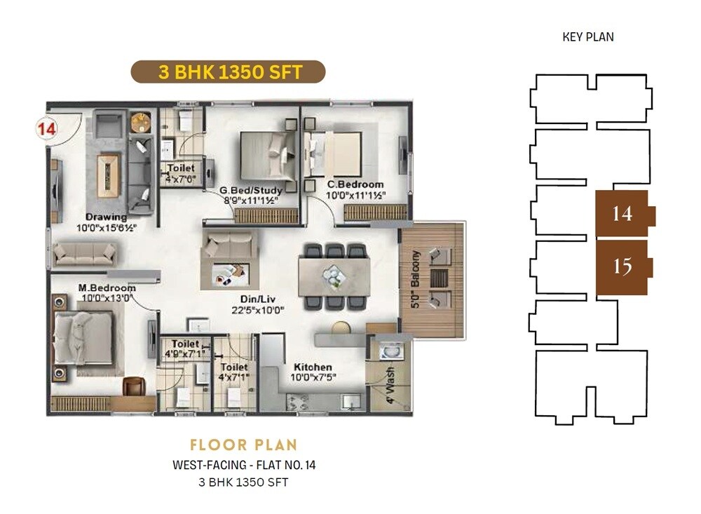 Floor plan of 3 BHK 1350 Sq. Ft. Apartment in SLV Golden Towers, Bangalore