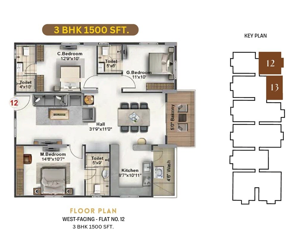 Floor plan of 3 BHK 1500 Sq. Ft. Apartment in SLV Golden Towers, Bangalore