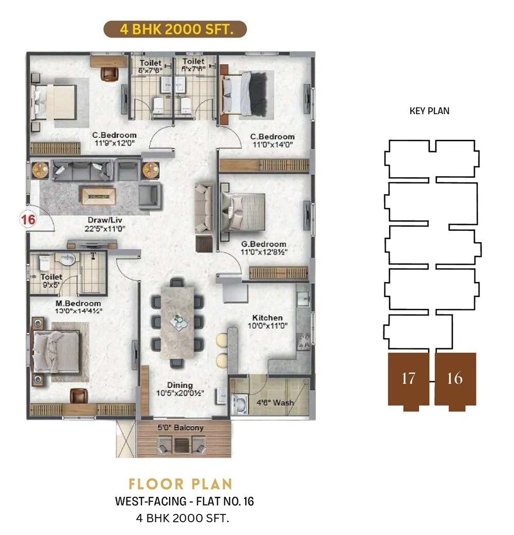 Floor plan of 4 BHK 2000 Sq. Ft. Apartment in SLV Golden Towers, Bangalore