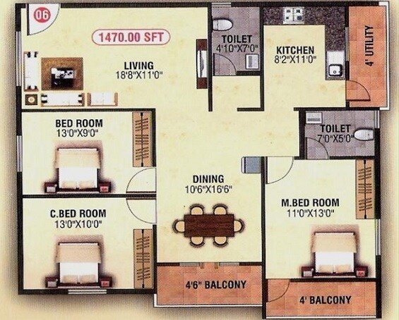 3 BHK 1470 Sq. Ft. Apartment