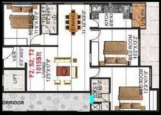 Floor plan of 3 BHK 1015 Sq. Ft. Apartment in SLV Ideal Nest, Bangalore