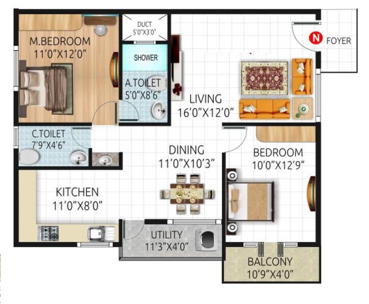 Floor plan of 2 BHK 1095 Sq. Ft. Apartment in SLV Magnum, Bangalore