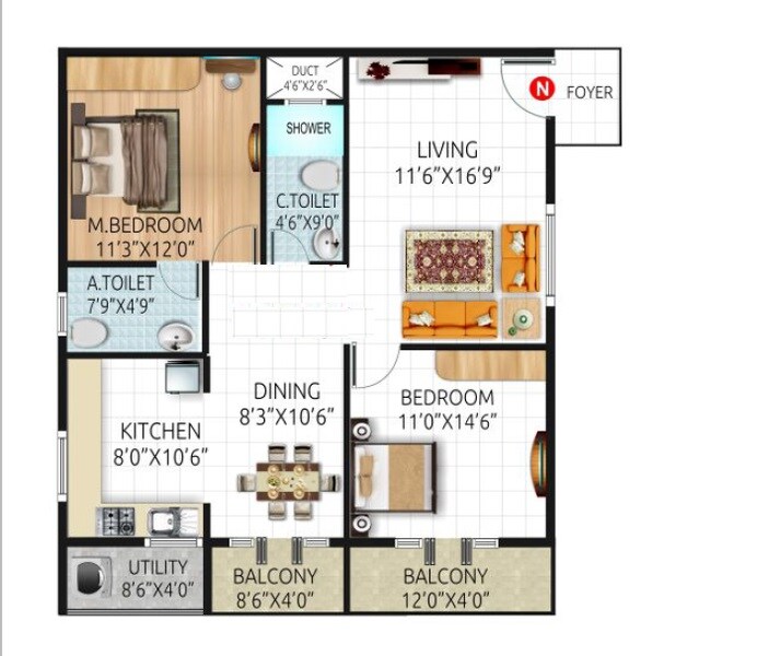 Floor plan of 2 BHK 1225 Sq. Ft. Apartment in SLV Magnum, Bangalore
