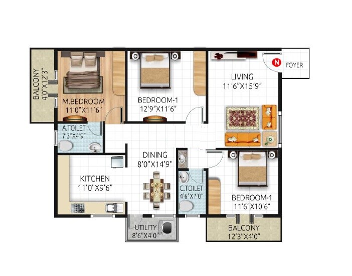 Floor plan of 3 BHK 1335 Sq. Ft. Apartment in SLV Magnum, Bangalore