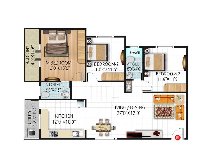 Floor plan of 3 BHK 1450 Sq. Ft. Apartment in SLV Magnum, Bangalore