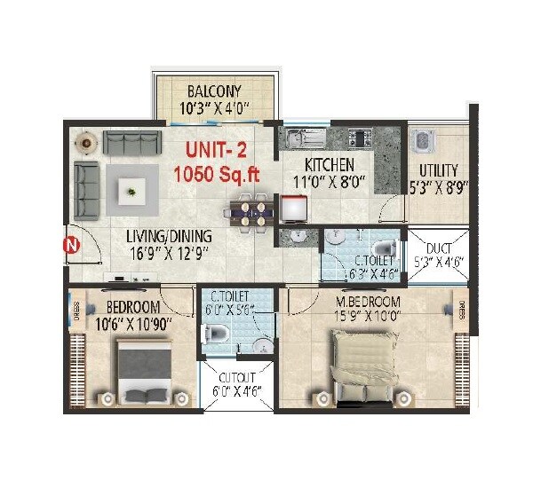 Floor plan of 2 BHK 1050 Sq. Ft. Apartment in SLV Millennial, Bangalore