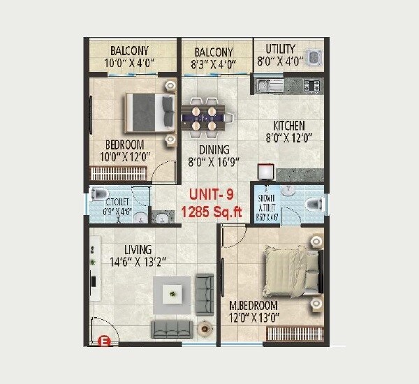 Floor plan of 2 BHK 1285 Sq. Ft. Apartment in SLV Millennial, Bangalore