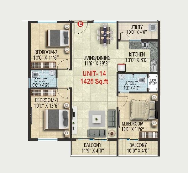 Floor plan of 3 BHK 1425 Sq. Ft. Apartment in SLV Millennial, Bangalore