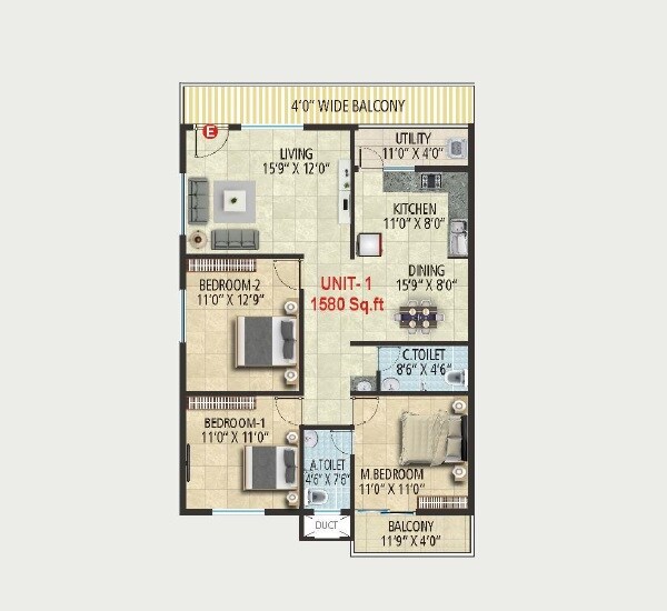 Floor plan of 3 BHK 1580 Sq. Ft. Apartment in SLV Millennial, Bangalore