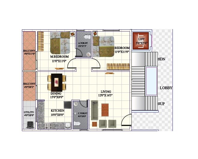 Floor plan of 2 BHK 1100 Sq. Ft. Apartment in SLV Sai Crystal, Bangalore