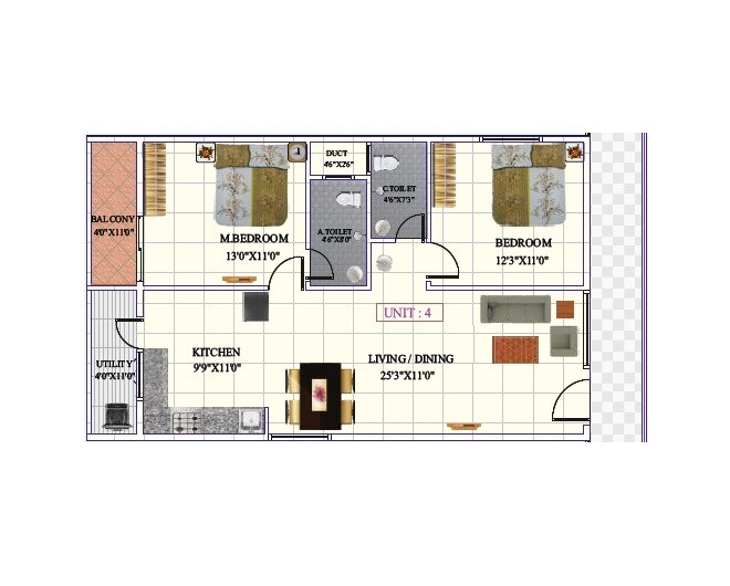 Floor plan of 2 BHK 1150 Sq. Ft. Apartment in SLV Sai Crystal, Bangalore