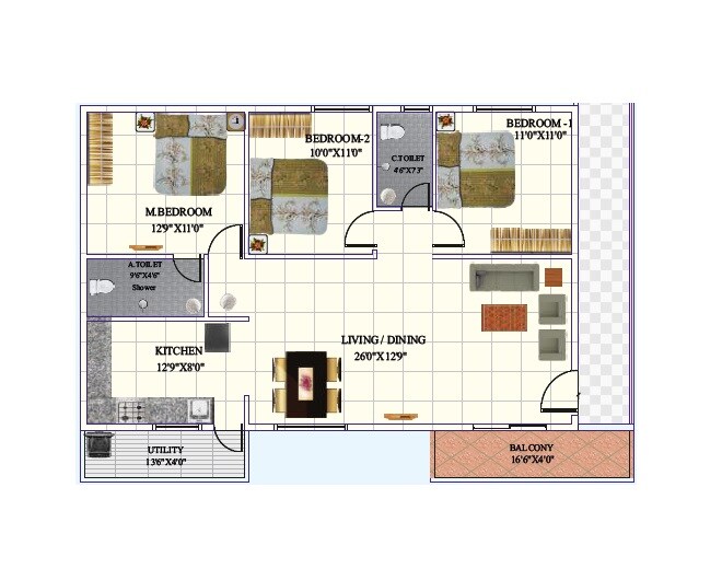 Floor plan of 3 BHK 1385 Sq. Ft. Apartment in SLV Sai Crystal, Bangalore