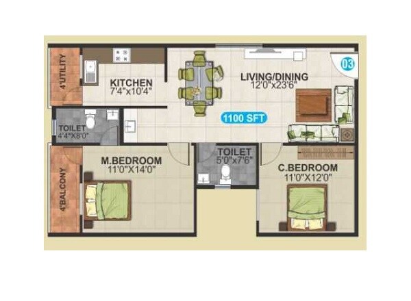 Floor plan of 2 BHK 1100 Sq. Ft. Apartment in SLV Serenity, Bangalore